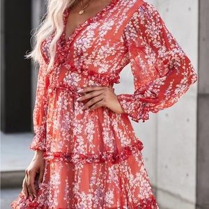 Women’s V Neck Ruffle Chiffon Long Sleeve Floral Printed Flowy Mini Dress
